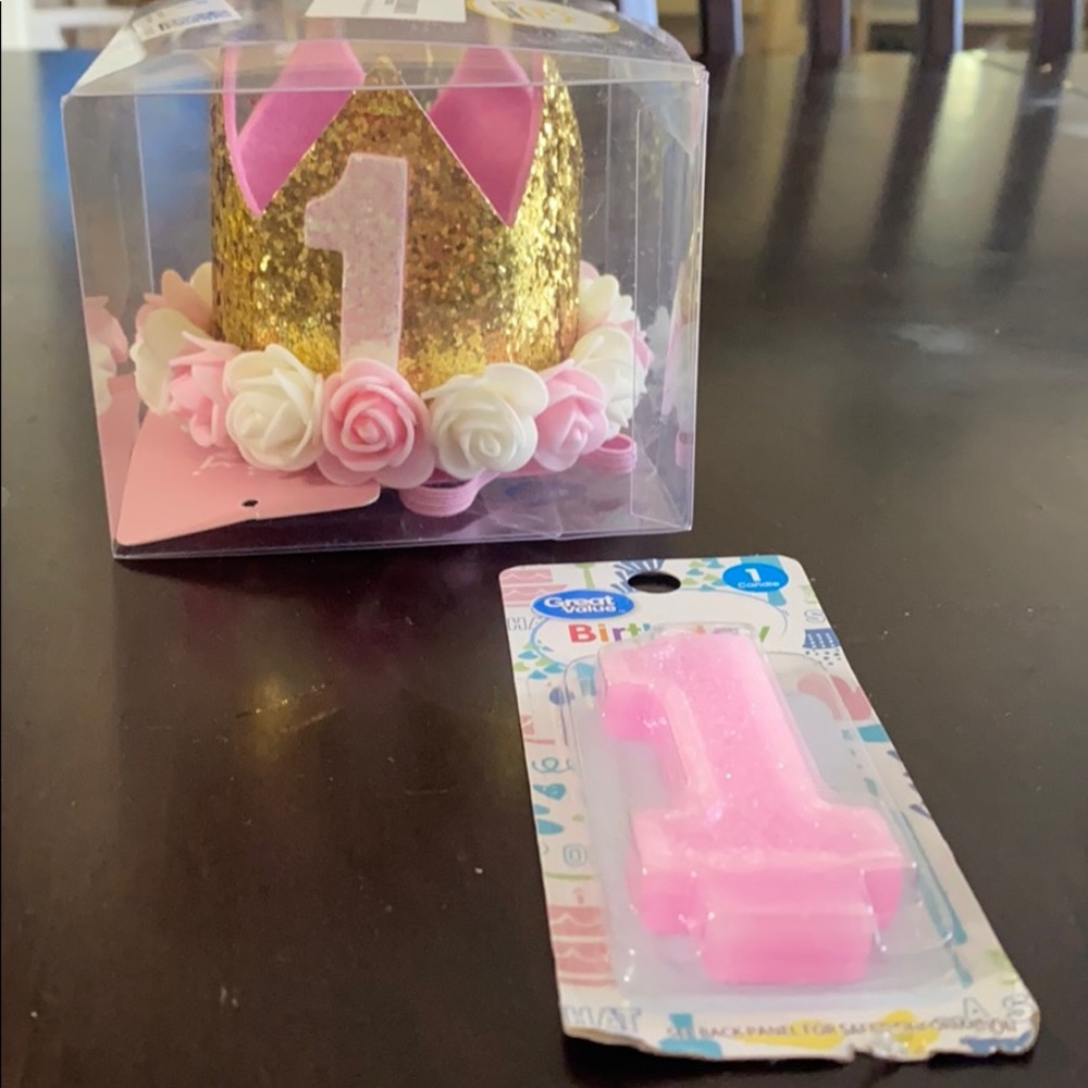 Baby girls 1st birthday crown candle pink glitter